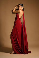 Halter Neck Pleated Evening Gown