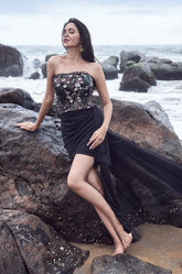 Strapless Draped Dress With Floral Sequins