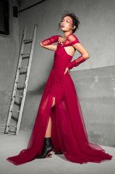 Hot Pink Pleated Tulle gown