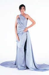 One shoulder Satin Evening Gown with Overskirt
