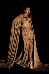 Draped Satin Gown with Shoulder Cape
