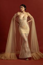 Strapless Lace Corsetted Gown With Tulle Cape
