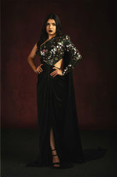 Evening Gown With Floral Sequins and Shoulder Cape
