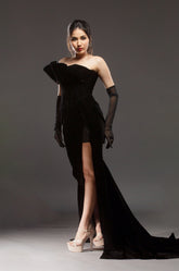 High Slit Velvet Reverse Collar Gown