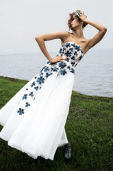 White Gown with Blue Sequins Applique