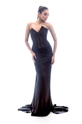 Black Rhinestone Corseted Satin Gown