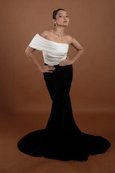 White Collared Gown with Black Velvet Skirt