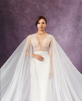 White Sequins Gown with Long Tulle Cape