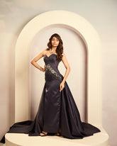 Navy Blue column Gown with Voluminous over skirt