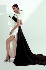 Structured Evening Gown With Dimensional Collar and Raven Feathers
