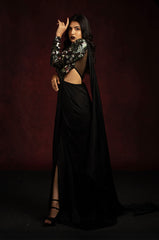 Evening Gown With Floral Sequins and Shoulder Cape