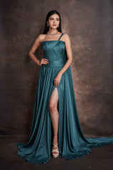 Pleated Gown with Dramatic Shoulder Cape