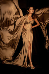 Draped Satin Gown with Shoulder Cape