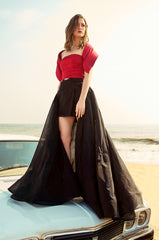 Strapless Dress With Pleated Dimensional Collar and Dramatic Overskirt