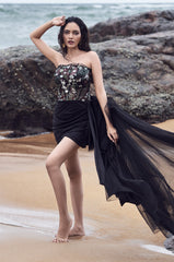 Strapless Draped Dress With Floral Sequins