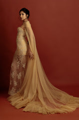 Strapless Lace Corsetted Gown With Tulle Cape