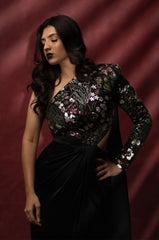 Evening Gown With Floral Sequins and Shoulder Cape