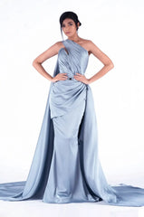 One shoulder Satin Evening Gown with Overskirt