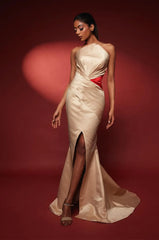 Satin gown with pointed neckline