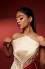 Satin gown with pointed neckline