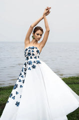 White Gown with Blue Sequins Applique