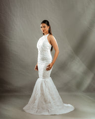 White sequins gown with Vertical Layered tulle skirt