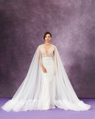 White Sequins Gown with Long Tulle Cape