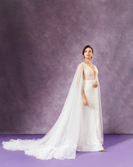 White Sequins Gown with Long Tulle Cape