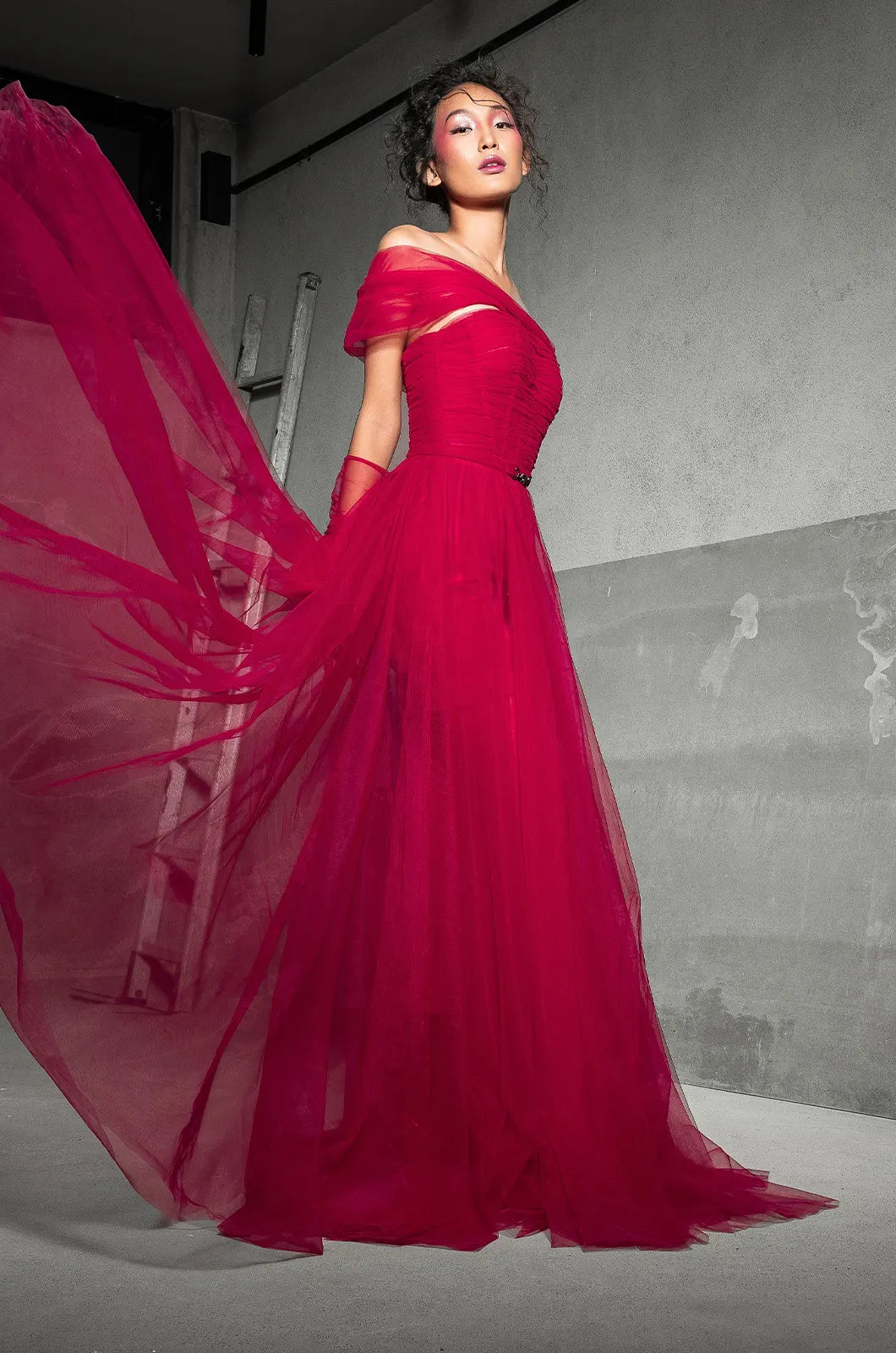 Hot Pink Pleated Tulle Gown
